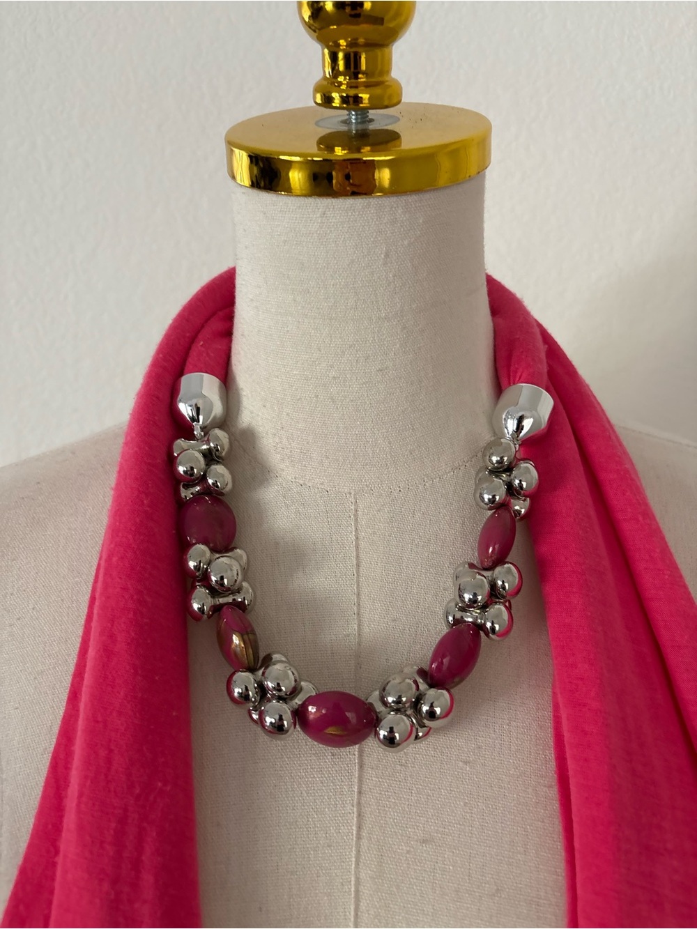 Chunky Silver & Fuchsia Beaded Statement Necklace
